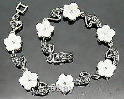 Vintage Hand Carved Mother Of Pearl Flowers Marcasites 925 Silver Bracelet 7.5'