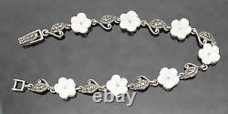 Vintage Hand Carved Mother Of Pearl Flowers Marcasites 925 Silver Bracelet 7.5'