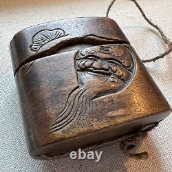 Vintage Japanese Wooden Carved Inro With Mother Of Pearl Obidome, Noh Mask Kojo