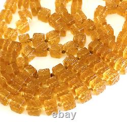 Vintage LONG HEAVY Orange Hand Carved Etched Knotted Glass Beaded Necklace 58