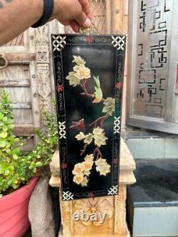 Vintage Oriental Mother of Pearl Bird Art Carved Shell Panel Black Lacquer Frame