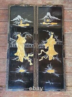 Vintage Pair Hand Carved Mother Of Pearl Painted Black Wooden Geisha Wall Panels