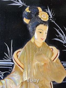 Vintage Pair Hand Carved Mother Of Pearl Painted Black Wooden Geisha Wall Panels