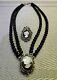 Vintage Sterling 925 Mop & Onyx Cameo Double Strand Choker Necklace And Brooch