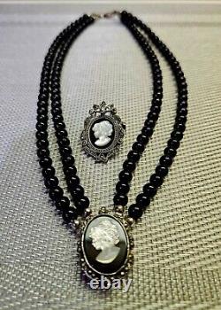 Vintage Sterling 925 MOP & Onyx Cameo Double Strand Choker Necklace and brooch