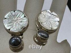 Vintage Sterling Silver Carved Mop Shell Flower Black Pearl Post Earrings