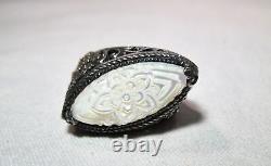 Vintage Sterling Silver Sarda Ball925 Carved Mother of Pearl Chunky Ring K1144