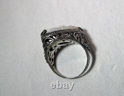 Vintage Sterling Silver Sarda Ball925 Carved Mother of Pearl Chunky Ring K1144