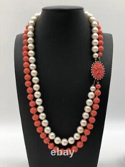 Vintage Two Strand Pearls & Coral Bead Fancy Carved Coral Clasp 1950s MCM