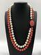 Vintage Two Strand Pearls & Coral Bead Fancy Carved Coral Clasp 1950s Mcm