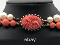 Vintage Two Strand Pearls & Coral Bead Fancy Carved Coral Clasp 1950s MCM