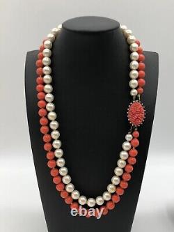 Vintage Two Strand Pearls & Coral Bead Fancy Carved Coral Clasp 1950s MCM