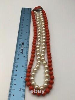 Vintage Two Strand Pearls & Coral Bead Fancy Carved Coral Clasp 1950s MCM