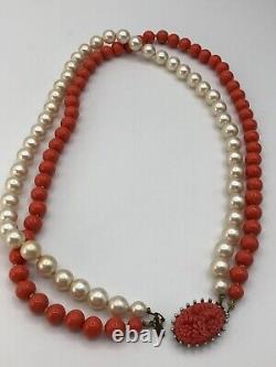 Vintage Two Strand Pearls & Coral Bead Fancy Carved Coral Clasp 1950s MCM