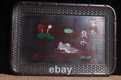 Vintage carved wooden tray plate antiaue mother pearl inlay Mandarin Duck birds