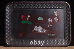 Vintage carved wooden tray plate antiaue mother pearl inlay Mandarin Duck birds