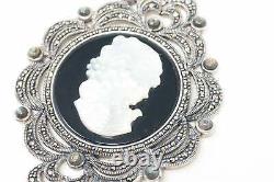 Vtg Carved Cameo Mother Of Pearl Marcasite Sterling Silver Necklace Pendant