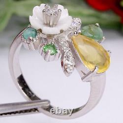 WHITE MOTHER OF PEARL CARVED, OPAL, EMERALD & cubic zirconia RING 925 SILVER