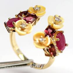 YELLOW MOTHER OF PEARL CARVED RUBY TOURMALINE & cubic zirconia RING 925 SILVER