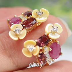 YELLOW MOTHER OF PEARL CARVED RUBY TOURMALINE & cubic zirconia RING 925 SILVER