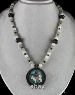 Ancien pendentif en argent avec peinture de Krishna, collier de perles en pierre de quartz rose et jade sculpté