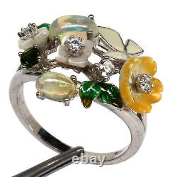 Bague en argent 925 avec nacre sculptée, opale, diopside de chrome et zircone cubique