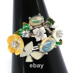 Bague en argent 925 avec nacre sculptée, opale, diopside de chrome et zircone cubique