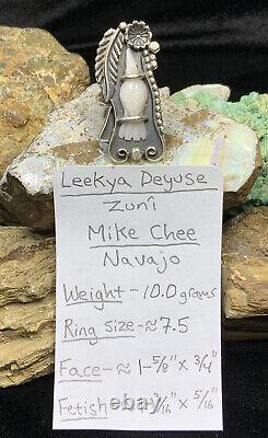 Bague en argent sterling M. Chee Navajo avec fétiche d'oiseau sculpté en nacre par Zuni Leekya Deyuse