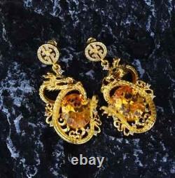 Boucle d'oreille pendante ovale en citrine orange de style chinois avec dragon, 14K plaqué or jaune