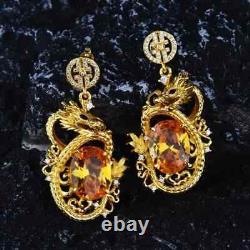 Boucle d'oreille pendante ovale en citrine orange de style chinois avec dragon, 14K plaqué or jaune