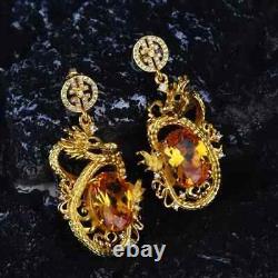 Boucle d'oreille pendante ovale en citrine orange de style chinois avec dragon, 14K plaqué or jaune