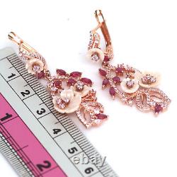 Boucles d'oreilles en argent 925 avec nacre rose sculptée, rubis et zircon cubique