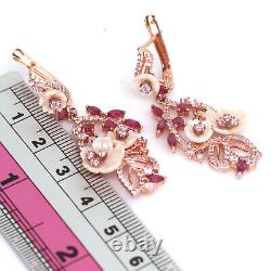 Boucles d'oreilles en argent 925 avec nacre rose sculptée, rubis et zircone cubique