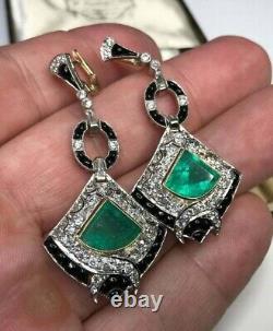 Boucles d'oreilles pendantes vintage Art Déco en émeraude colombienne et diamant de 10 carats en argent 925