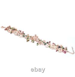 Bracelet en argent sterling 925 avec nacre rose sculptée, tourmaline et opale