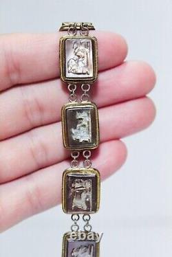 Bracelet en argent sterling antique vintage avec maillons en intaille sculptés en nacre de mère de perle des dieux