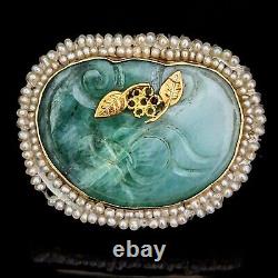 Broche en or jaune 14 carats avec jade sculpté, perles de graines et motifs de feuilles florales vintage