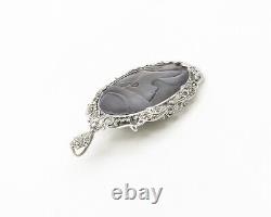 Broche vintage en argent 925 avec camée sculpté en nacre et marcassite BP7259