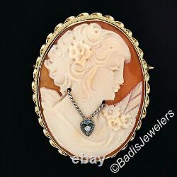 Cameo en coquillage sculpté en or 14 carats avec collier et broche à épingle en fil torsadé de style vintage
