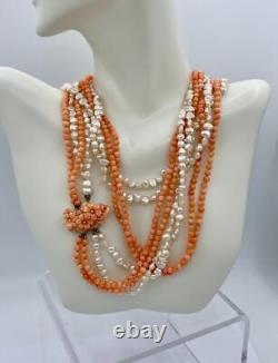 Collier de perles de fleurs de corail de 32 pouces en or 14 carats à 4 rangs sculptés à la main