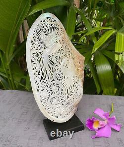 Coquillage sculpté de grande taille avec un coquillage de mère perle en forme d'oiseau-mouche Phénix + support