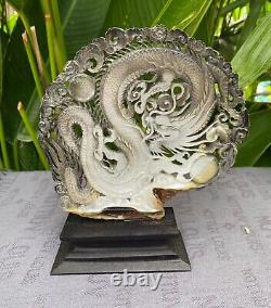 Coquille de mer sculptée de grande taille, Coquille sculptée en dragon, Mère de perles + Support