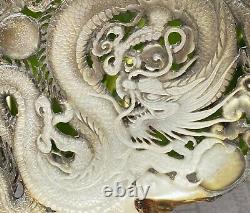 Coquille de mer sculptée de grande taille, Coquille sculptée en dragon, Mère de perles + Support