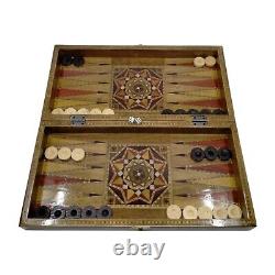 Ensemble de backgammon en bois fait main avec incrustations rustiques en nacre et pierre sculptée