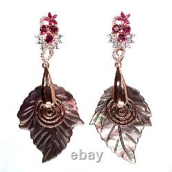 Feuille de nacre sculptée, Rhodolite, Rubis, Boucles d'oreilles en zircone cubique en argent 925