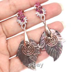 Feuille de nacre sculptée, Rhodolite, Rubis, Boucles d'oreilles en zircone cubique en argent 925