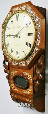 Horloge murale ancienne en palissandre incrusté de style Regency anglais à double fusée à 8 jours