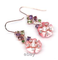 Mère de perle fleur sculptée, perle, boucles d'oreilles d'améthyste en argent 925 Sterling