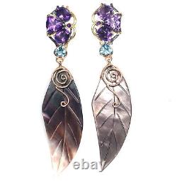 Mère de perle noire sculptée, boucles d'oreilles en améthyste et topaze argent 925 Sterling