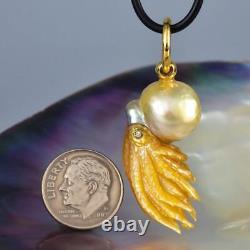 Pendentif Nautilus Perle des Mers du Sud Sculptée en Nacre Mère-Perle Argent Diamant 8.44 g